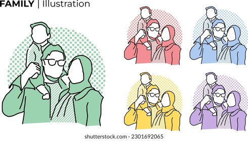 an illustrated portrait of a small family, a father carrying his child on his shoulder and a mother in front of him. Perfect for parenting education, kids meal, family day symbol.