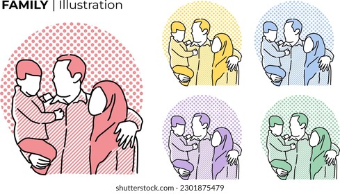 an illustrated portrait of a small family, a father holding his son while embracing his mother warmly. Perfect for parenting education, kids meal, family day symbol.