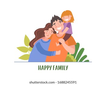 Illustrated portrait of young happy family of three outdoors. Vector illustration