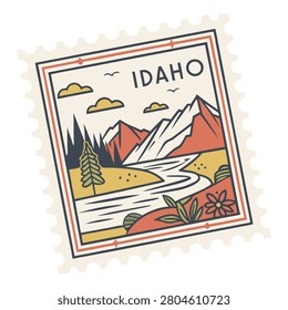 Illustrated postage stamp featuring the scenic landscape of Idaho, with mountains, forests, and natural beauty