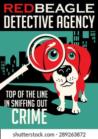 Illustrated poster of a Beagle dog and fictitious detective agency advertisement
