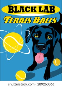 Illustrated Poster Of A Black Lab Dog And Fictitious Tennis Ball Brand Advertisement
