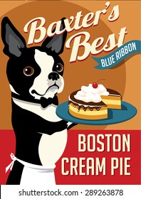 Illustrated poster of a Boston Terrier dog and fictitious bakery cake advertisement
