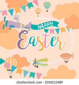 Illustrated poster for Happy Easter with cartoon characters rabbit and eggs. Vector illustration.