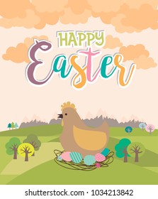 Illustrated poster for Happy Easter with cartoon characters rabbit and eggs. Vector illustration.