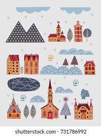 Illustrated poster in Scandinavian style with images of houses and nature. Can be used as a Christmas card, printing on a bag or T-shirt