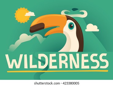 Illustrated poster with toucan. Vector illustration.