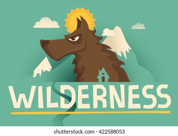 Illustrated poster with wolf. Vector illustration.