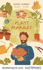 Illustrated promo flyer for a Sunday plant market. Features a man holding petunias, potted plants, gardening tools, open hours, and seed packets. Upbeat and inviting design for a local event.