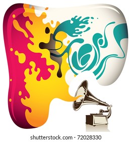 Illustrated psychedelic background with old gramophone.