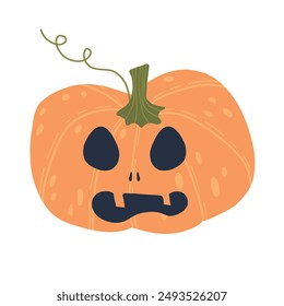 Illustrated pumpkin with a carved jack-o-lantern face, featuring large black eyes and a small mouth. The orange pumpkin has a green stem and curly vine, perfect for Halloween designs.