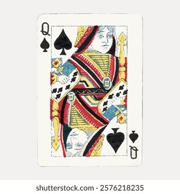 Illustrated Queen of Spades playing card. Features a detailed design with red, black, and yellow patterns. Classic card game element, Queen of Spades motif. Vintage illustration isolated, vector.