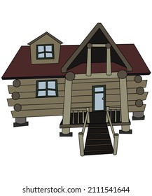 Illustrated Quirky Log Cabin Isolated On A White Background.