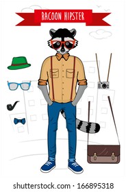 illustrated raccoon in hipster style with additional accessories on city background.