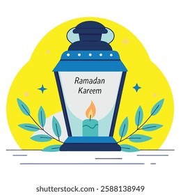 Illustrated Ramadan lantern featuring a lit candle and greeting against a yellow backdrop Useful for holiday greetings and festive designs.