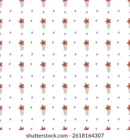 Illustrated red flowers with purple hearts form an elegant, repeating seamless pattern ideal for decorative projects, textiles, and design purposes.	