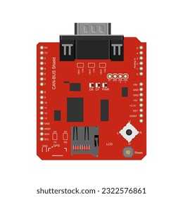 Eine illustrierte Darstellung des CAN-Bus Schilds, einer Leiterplatte zum Anschluss von Mikrocontrollern an einen CAN-Bus (Controller Area Network)