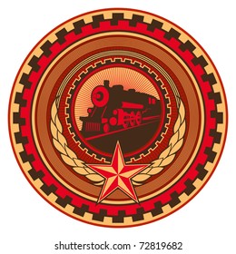 Illustrated retro communistic emblem with decoration. Vector illustration.