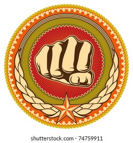 Illustrated retro emblem with fist. Vector illustration.