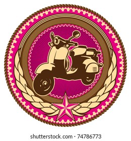 Illustrated retro emblem with moped. Vector illustration.