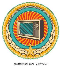 Emblema retro ilustrado con tv antigua. Ilustración vectorial.