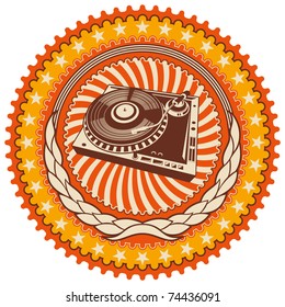 Illustrated retro emblem with turntable. Vector illustration.