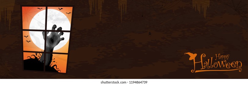 illustrated rising zombie hand in front of an white moon you can see through a window for halloween layouts