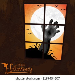 illustrated rising zombie hand in front of an white moon you can see through a window for halloween layouts