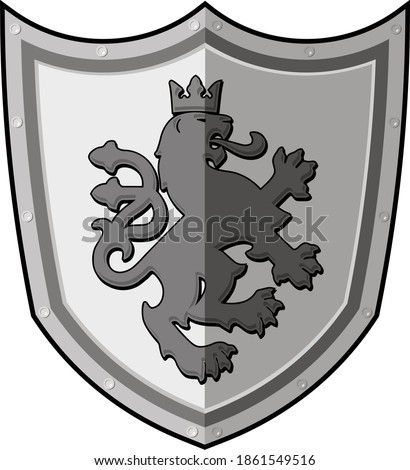 Illustrated royal coat of arms heraldic metal crest style shield with lion wearing a crown. Illustrator eps vector graphic design.