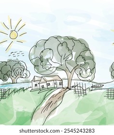 Illustrated rural landscape with a cottage, trees, sun, and gentle hills. This charming countryside scene embraces a soft, hand-drawn style, perfect for backgrounds, decor, and illustrations.