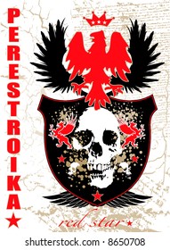 Illustrated russian style shield and background with skull and wings