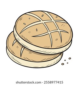 Illustrated Rustic Bread Loaves With Crust Design on White Background.