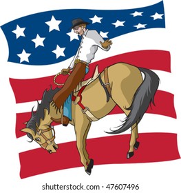 Illustrated saddle bronc rider with an abstract American flag background. Rider and flag are on separate layers. Vector file.