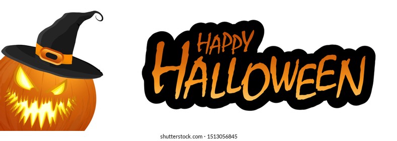 illustrated scarry halloween pumpkin with black hat and halloween greetings