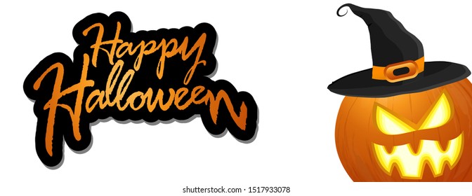 illustrated scarry halloween pumpkin with black hat and halloween greetings