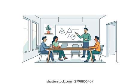 Illustrated scene of a diverse team engaged in a collaborative meeting, with one person presenting geometric shapes on a whiteboard while others take notes on laptops.
