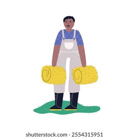 Illustrated scene with a farmer male in uniform holds bundles of hay. Gardening, farming, farm life concept. Season of harvest.