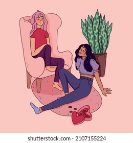 Escena ilustrada de dos amigas divirtiéndose haciendo juntos una fiesta anti-San Valentín