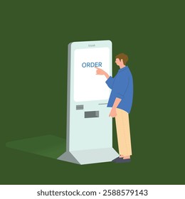 Illustrated scene where a man places an order at a kiosk