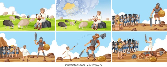 Illustrated scenes depicting the biblical story of David and Goliath