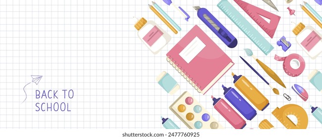 Illustrated school supplies on a grid paper background, concept of back-to-school season. Vector illustration