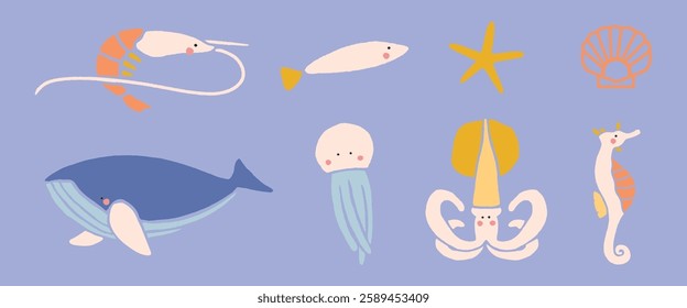 Illustrated sea creatures including a whale, fish, starfish, shell, jellyfish, squid, and seahorse on a blue background. Marine life, ocean animals, aquatic theme. Animal illustrations, vector set.