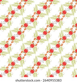Illustrated seamless pattern featuring red flowers surrounded by green leaves and orange accents, ideal for decorative purposes such as wallpapers, textiles, and seasonal 