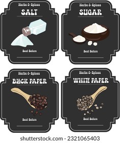 Illustrated seasoning kitchen pantry label sticker set organizer with black background. Vintage packaging design templates for Herbs and Spices.