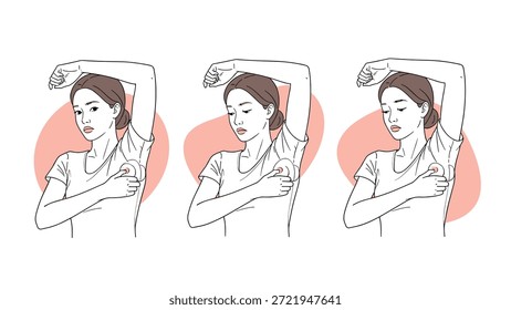 Secuencia ilustrada de una mujer que revisa sus axilas en busca de problemas de higiene o salud con una expresión facial neutral y enfocada.