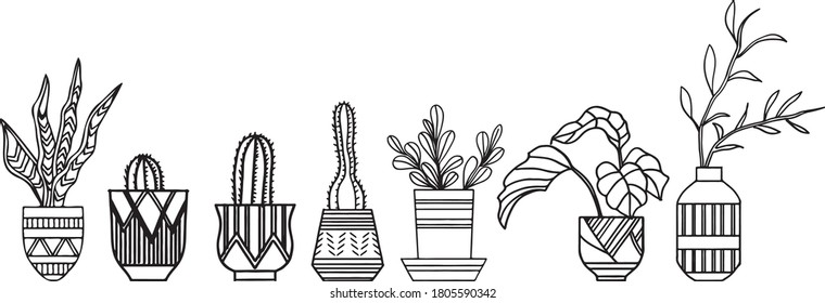 Serie ilustrada de macetas en forma de lino/boceto. Contiene suculentos, cactus, sanseveria, agave y peperomia en macetas modernas y tribales.