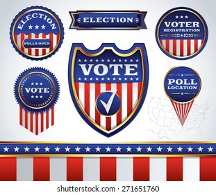 An illustrated set of American election and voting badges, icons, and emblems. Vector EPS 10. EPS contains transparencies and each element is grouped separately.