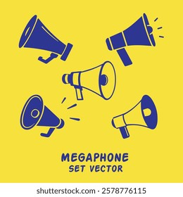 Illustrated set of blue megaphones in various styles on a bright yellow background, perfect for digital designs and promotional materials.