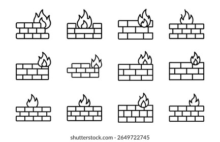Illustrated set of burning brick walls representing fire and security conceptualization