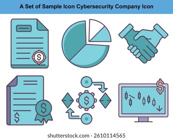 Illustrated set of business-focused icons including security, graphs, process designs, and documented agreements.